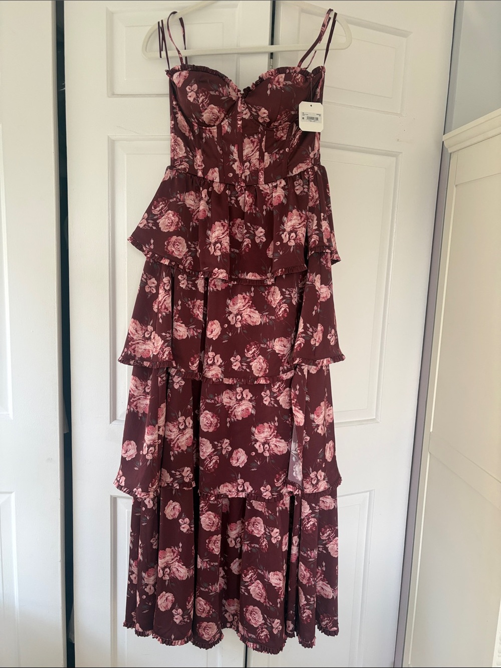 Altar'd State Burgundy Floral Tiered Maxi Dress